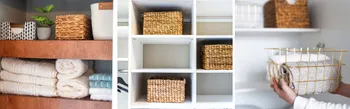 Clevere Stauraumlösungen für kleine Räume: weiße Regale mit geflochtenen Körben, Handtüchern und Textilien sowie Drahtkorb mit gefalteter Kleidung – platzsparende Ideen zur Aufbewahrung im Bad, Schlafzimmer oder Flur.